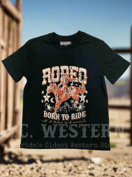 Rock & Roll Denim BB21T07441 Kids Bronco Rider Graphic Tee Black front view. If you need any assistance with this item or the purchase of this item please call us at five six one seven four eight eight eight zero one Monday through Saturday 10:00a.m EST to 8:00 p.m EST
