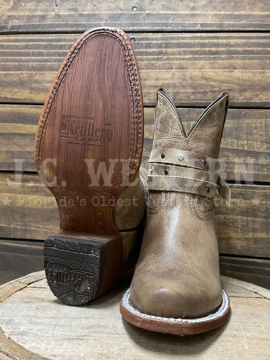 Artillero H23 Womens DUQUESA Western Bootie Olden Tan sole and front view. If you need any assistance with this item or the purchase of this item please call us at five six one seven four eight eight eight zero one Monday through Saturday 10:00a.m EST to 8:00 p.m EST