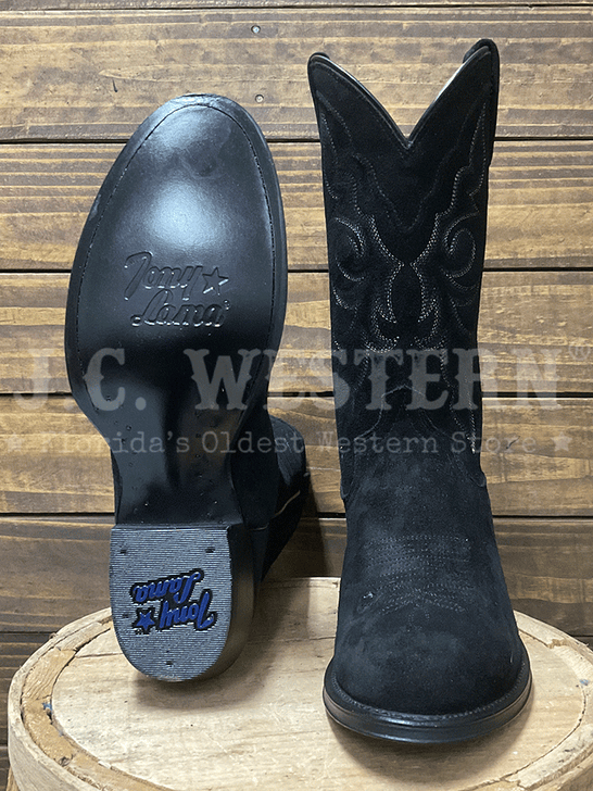 Tony Lama DR3052 Mens Plano Suede Boot Black sole and front view. If you need any assistance with this item or the purchase of this item please call us at five six one seven four eight eight eight zero one Monday through Saturday 10:00a.m EST to 8:00 p.m EST