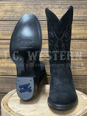 Tony Lama DR3052 Mens Plano Suede Boot Black sole and front view. If you need any assistance with this item or the purchase of this item please call us at five six one seven four eight eight eight zero one Monday through Saturday 10:00a.m EST to 8:00 p.m EST