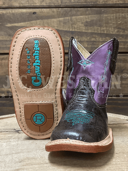 Roper 09-016-7912-8805 Infants Cowbabies Arrows Boot Brown Pink sole and front view. If you need any assistance with this item or the purchase of this item please call us at five six one seven four eight eight eight zero one Monday through Saturday 10:00a.m EST to 8:00 p.m EST