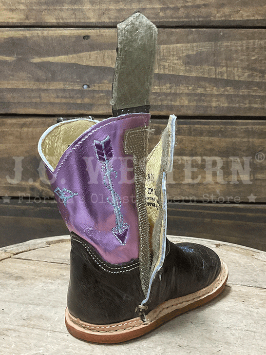 Roper 09-016-7912-8805 Infants Cowbabies Arrows Boot Brown Pink velcro closure view. If you need any assistance with this item or the purchase of this item please call us at five six one seven four eight eight eight zero one Monday through Saturday 10:00a.m EST to 8:00 p.m EST