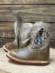 Roper 09-016-7912-8801 Infants Cowbabies Bull Rider Boot Tan velcro side and bull rider side view. If you need any assistance with this item or the purchase of this item please call us at five six one seven four eight eight eight zero one Monday through Saturday 10:00a.m EST to 8:00 p.m EST