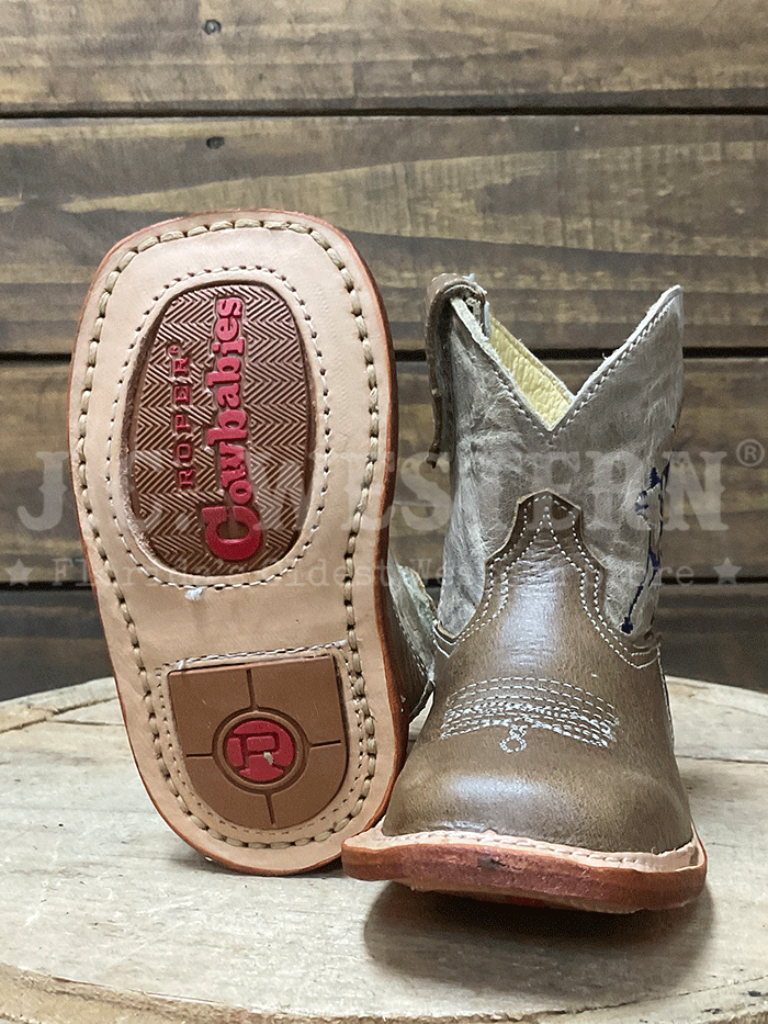 Roper 09-016-7912-8801 Infants Cowbabies Bull Rider Boot Tan side / front view. If you need any assistance with this item or the purchase of this item please call us at five six one seven four eight eight eight zero one Monday through Saturday 10:00a.m EST to 8:00 p.m EST
