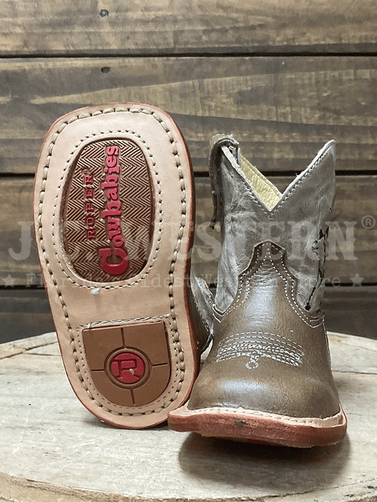 Roper 09-016-7912-8801 Infants Cowbabies Bull Rider Boot Tan sole and front view. If you need any assistance with this item or the purchase of this item please call us at five six one seven four eight eight eight zero one Monday through Saturday 10:00a.m EST to 8:00 p.m EST