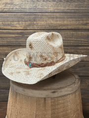 Stetson SSFLTR-7434 FLATROCK Straw Cowboy Hat Natural Burnt side / front view. If you need any assistance with this item or the purchase of this item please call us at five six one seven four eight eight eight zero one Monday through Saturday 10:00a.m EST to 8:00 p.m EST