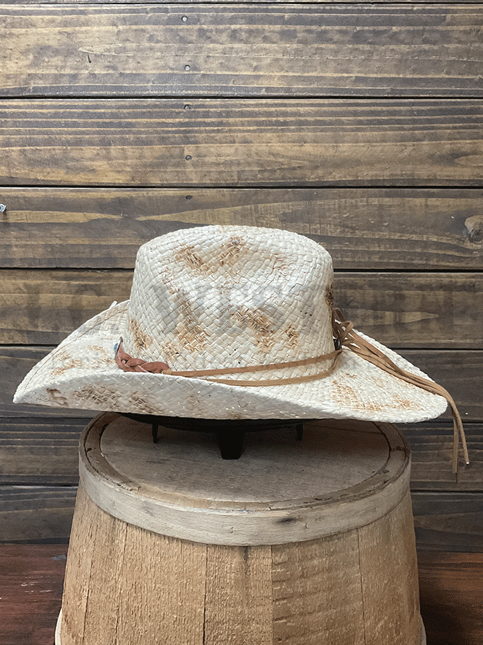 Stetson SSFLTR-7434 FLATROCK Straw Cowboy Hat Natural Burnt side / front view. If you need any assistance with this item or the purchase of this item please call us at five six one seven four eight eight eight zero one Monday through Saturday 10:00a.m EST to 8:00 p.m EST