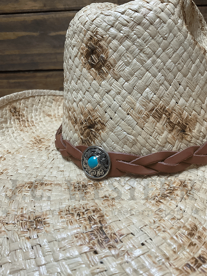 Stetson SSFLTR-7434 FLATROCK Straw Cowboy Hat Natural Burnt side / front view. If you need any assistance with this item or the purchase of this item please call us at five six one seven four eight eight eight zero one Monday through Saturday 10:00a.m EST to 8:00 p.m EST