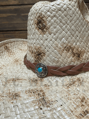 Stetson SSFLTR-7434 FLATROCK Straw Cowboy Hat Natural Burnt front close up. If you need any assistance with this item or the purchase of this item please call us at five six one seven four eight eight eight zero one Monday through Saturday 10:00a.m EST to 8:00 p.m EST