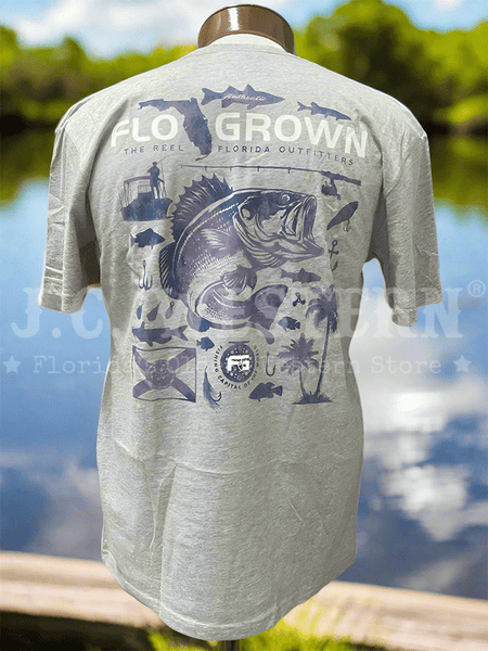 FloGrown FGM-1968 Mens Freshwater Fishing Tee Grey back view. If you need any assistance with this item or the purchase of this item please call us at five six one seven four eight eight eight zero one Monday through Saturday 10:00a.m EST to 8:00 p.m EST