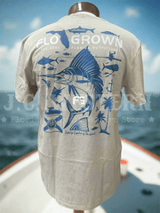 FloGrown FGM-1969 Mens Saltwater Fishing Tee Tan back view. If you need any assistance with this item or the purchase of this item please call us at five six one seven four eight eight eight zero one Monday through Saturday 10:00a.m EST to 8:00 p.m EST