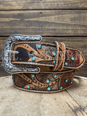 Ariat A1533008 Womens Calf Hair Underlay Tooled Belt Tan front view. If you need any assistance with this item or the purchase of this item please call us at five six one seven four eight eight eight zero one Monday through Saturday 10:00a.m EST to 8:00 p.m EST