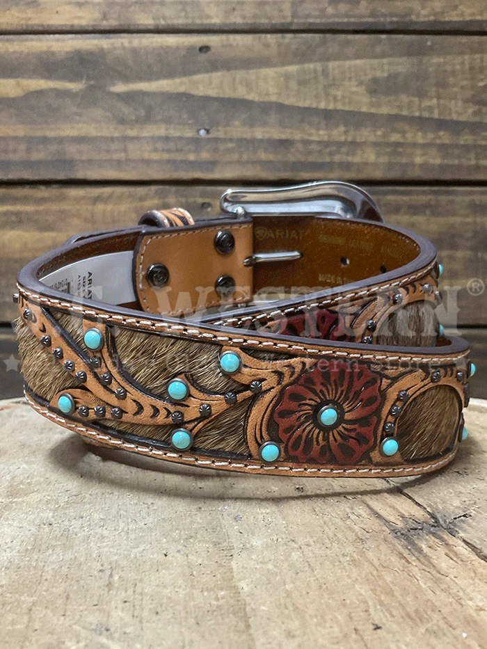 Ariat A1533008 Womens Calf Hair Underlay Tooled Belt Tan front view. If you need any assistance with this item or the purchase of this item please call us at five six one seven four eight eight eight zero one Monday through Saturday 10:00a.m EST to 8:00 p.m EST