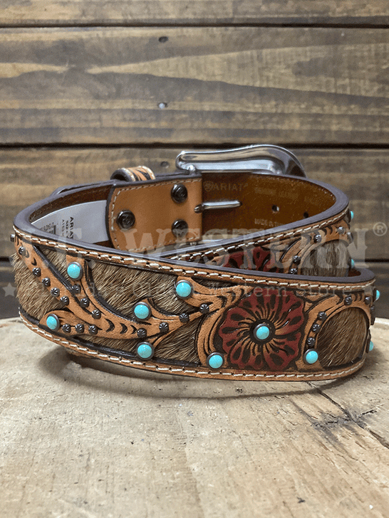 Ariat A1533008 Womens Calf Hair Underlay Tooled Belt Tan back view. If you need any assistance with this item or the purchase of this item please call us at five six one seven four eight eight eight zero one Monday through Saturday 10:00a.m EST to 8:00 p.m EST