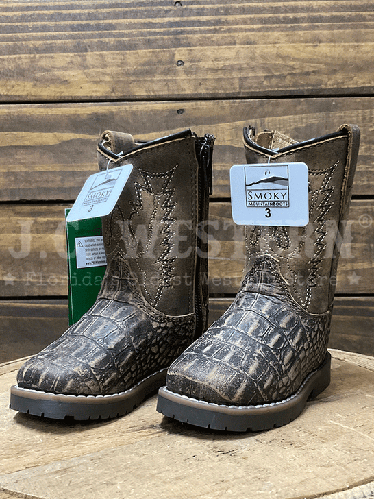 Smoky Mountain 3541T Kids Autry Western Boot Bark Brown Distressed side / front view. If you need any assistance with this item or the purchase of this item please call us at five six one seven four eight eight eight zero one Monday through Saturday 10:00a.m EST to 8:00 p.m EST