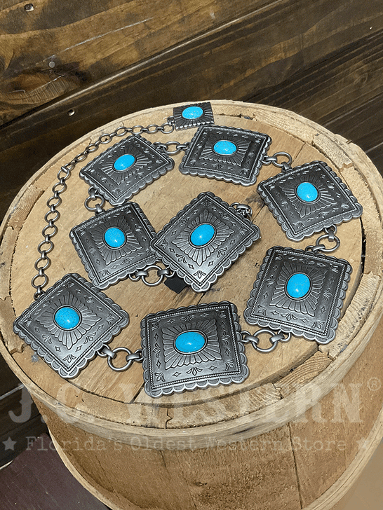 Ariat A1567433 Ladies Scalloped Square Concho Chain Belt Turquoise front view. If you need any assistance with this item or the purchase of this item please call us at five six one seven four eight eight eight zero one Monday through Saturday 10:00a.m EST to 8:00 p.m EST