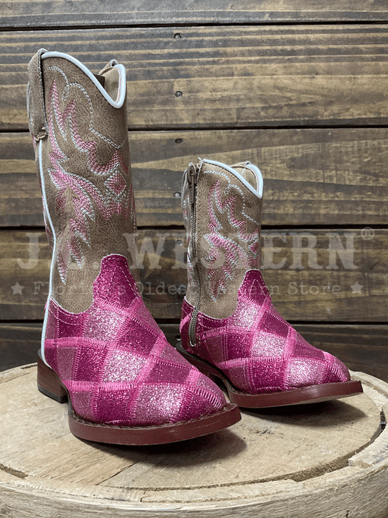 Roper 3642 Kids Wide Square Toe Glitter Boot Pink side / front view. If you need any assistance with this item or the purchase of this item please call us at five six one seven four eight eight eight zero one Monday through Saturday 10:00a.m EST to 8:00 p.m EST