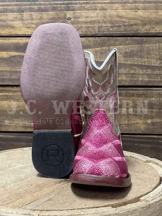 Roper 3642 Kids Wide Square Toe Glitter Boot Pink sole and front view. If you need any assistance with this item or the purchase of this item please call us at five six one seven four eight eight eight zero one Monday through Saturday 10:00a.m EST to 8:00 p.m EST