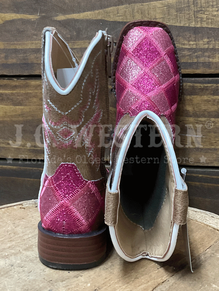Roper 3642 Kids Wide Square Toe Glitter Boot Pink side / front view. If you need any assistance with this item or the purchase of this item please call us at five six one seven four eight eight eight zero one Monday through Saturday 10:00a.m EST to 8:00 p.m EST