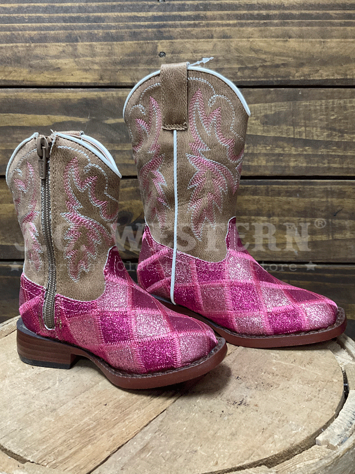 Roper 3642 Kids Wide Square Toe Glitter Boot Pink side / front view. If you need any assistance with this item or the purchase of this item please call us at five six one seven four eight eight eight zero one Monday through Saturday 10:00a.m EST to 8:00 p.m EST