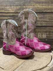 Roper 3642 Kids Wide Square Toe Glitter Boot Pink inner side and zipper on toddler boot view. If you need any assistance with this item or the purchase of this item please call us at five six one seven four eight eight eight zero one Monday through Saturday 10:00a.m EST to 8:00 p.m EST
