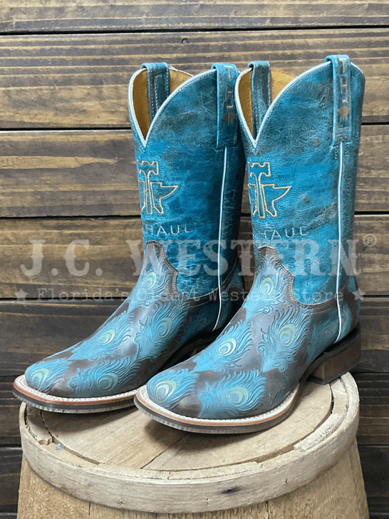 Tin Haul 14-021-0101-5003 Womens Feather Plume Peacock Sole Western Boot Tan Teal side / front view. If you need any assistance with this item or the purchase of this item please call us at five six one seven four eight eight eight zero one Monday through Saturday 10:00a.m EST to 8:00 p.m EST