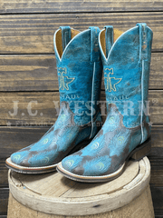 Tin Haul 14-021-0101-5003 Womens Feather Plume Peacock Sole Western Boot Tan Teal side / front view. If you need any assistance with this item or the purchase of this item please call us at five six one seven four eight eight eight zero one Monday through Saturday 10:00a.m EST to 8:00 p.m EST