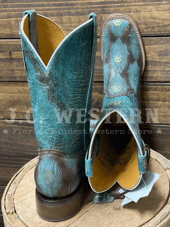 Tin Haul 14-021-0101-5003 Womens Feather Plume Peacock Sole Western Boot Tan Teal back and toe view. If you need any assistance with this item or the purchase of this item please call us at five six one seven four eight eight eight zero one Monday through Saturday 10:00a.m EST to 8:00 p.m EST