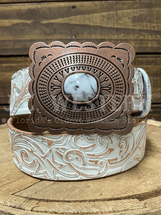 Hooey HWBLT034 Womens Stella Hand Tooled Filigree Leather Belt Ivory Tan front view. If you need any assistance with this item or the purchase of this item please call us at five six one seven four eight eight eight zero one Monday through Saturday 10:00a.m EST to 8:00 p.m EST
