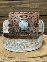 Hooey HWBLT034 Womens Stella Hand Tooled Filigree Leather Belt Ivory Tan front view. If you need any assistance with this item or the purchase of this item please call us at five six one seven four eight eight eight zero one Monday through Saturday 10:00a.m EST to 8:00 p.m EST