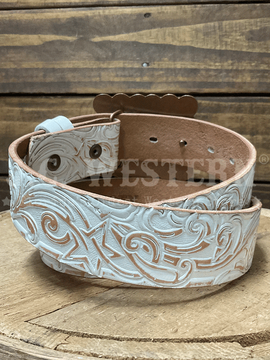 Hooey HWBLT034 Womens Stella Hand Tooled Filigree Leather Belt Ivory Tan back view. If you need any assistance with this item or the purchase of this item please call us at five six one seven four eight eight eight zero one Monday through Saturday 10:00a.m EST to 8:00 p.m EST