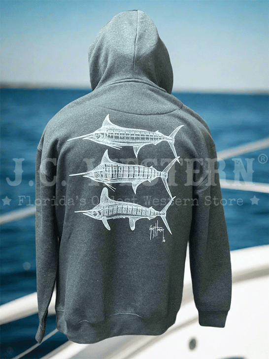 Guy Harvey GHV55666-CH Mens Fleece Hoodie Charcoal Heather back view. If you need any assistance with this item or the purchase of this item please call us at five six one seven four eight eight eight zero one Monday through Saturday 10:00a.m EST to 8:00 p.m EST
