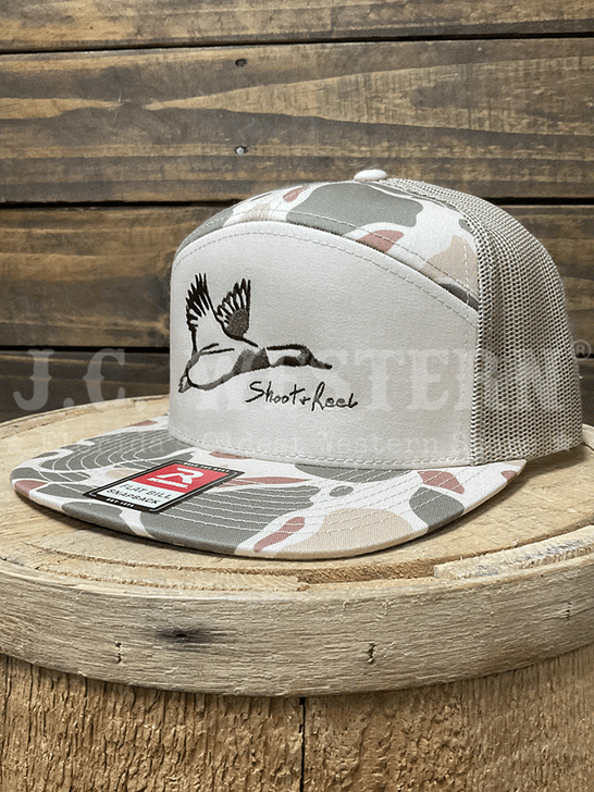 Shoot & Reel SR16-HDC Mallard Outline Embroidery Flat Bill Cap Harvest Duck Camo side / front view. If you need any assistance with this item or the purchase of this item please call us at five six one seven four eight eight eight zero one Monday through Saturday 10:00a.m EST to 8:00 p.m EST
