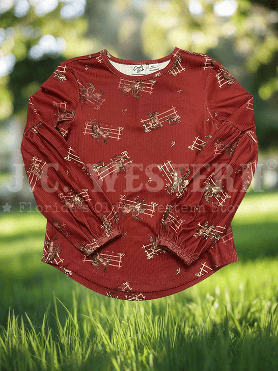 Cruel Denim CTK8840003 Kids All Over Print Long Sleeve Blouse Red Brown front view. If you need any assistance with this item or the purchase of this item please call us at five six one seven four eight eight eight zero one Monday through Saturday 10:00a.m EST to 8:00 p.m EST