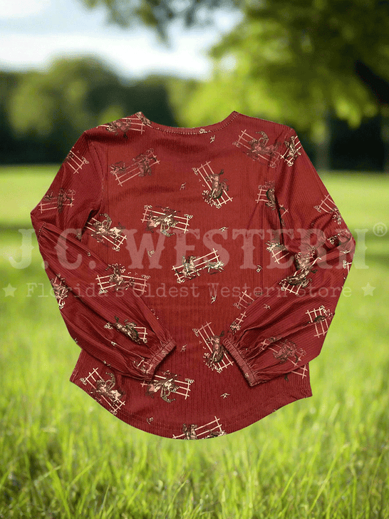 Cruel Denim CTK8840003 Kids All Over Print Long Sleeve Blouse Red Brown back view. If you need any assistance with this item or the purchase of this item please call us at five six one seven four eight eight eight zero one Monday through Saturday 10:00a.m EST to 8:00 p.m EST