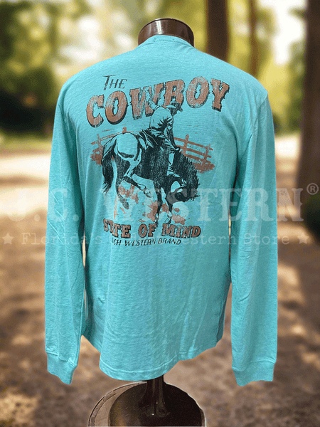 Cinch MTK1721019-TUR Mens The Cowboy State Of Mind Long Sleeve Tee Turquoise back view. If you need any assistance with this item or the purchase of this item please call us at five six one seven four eight eight eight zero one Monday through Saturday 10:00a.m EST to 8:00 p.m EST