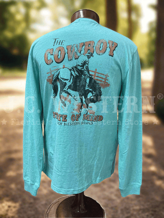 Cinch MTK1721019-TUR Mens The Cowboy State Of Mind Long Sleeve Tee Turquoise back view. If you need any assistance with this item or the purchase of this item please call us at five six one seven four eight eight eight zero one Monday through Saturday 10:00a.m EST to 8:00 p.m EST