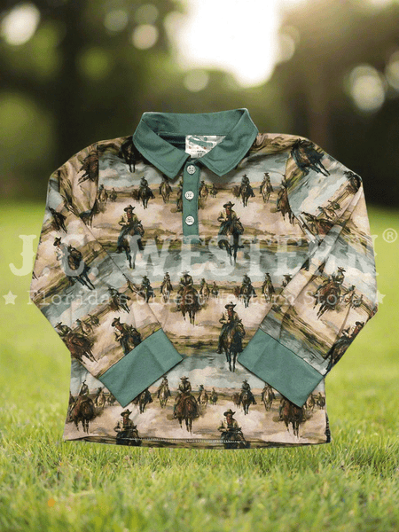 Shea Baby POLOLS22 Kids Sunrise Cowboy Long Sleeve Polo Shirt Teal front view. If you need any assistance with this item or the purchase of this item please call us at five six one seven four eight eight eight zero one Monday through Saturday 10:00a.m EST to 8:00 p.m EST