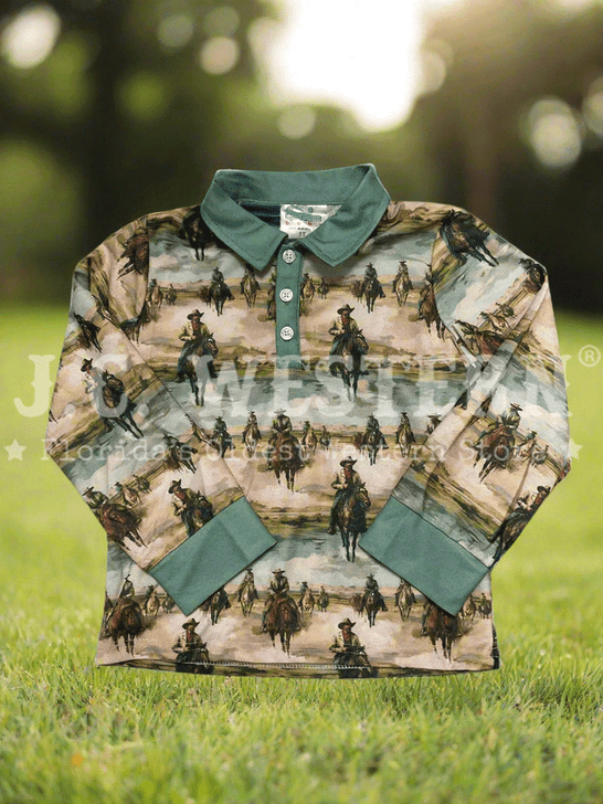 Shea Baby POLOLS22 Kids Sunrise Cowboy Long Sleeve Polo Shirt Teal front view. If you need any assistance with this item or the purchase of this item please call us at five six one seven four eight eight eight zero one Monday through Saturday 10:00a.m EST to 8:00 p.m EST