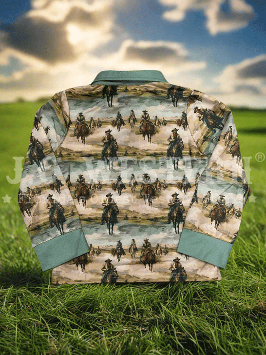 Shea Baby POLOLS22 Kids Sunrise Cowboy Long Sleeve Polo Shirt Teal back view. If you need any assistance with this item or the purchase of this item please call us at five six one seven four eight eight eight zero one Monday through Saturday 10:00a.m EST to 8:00 p.m EST