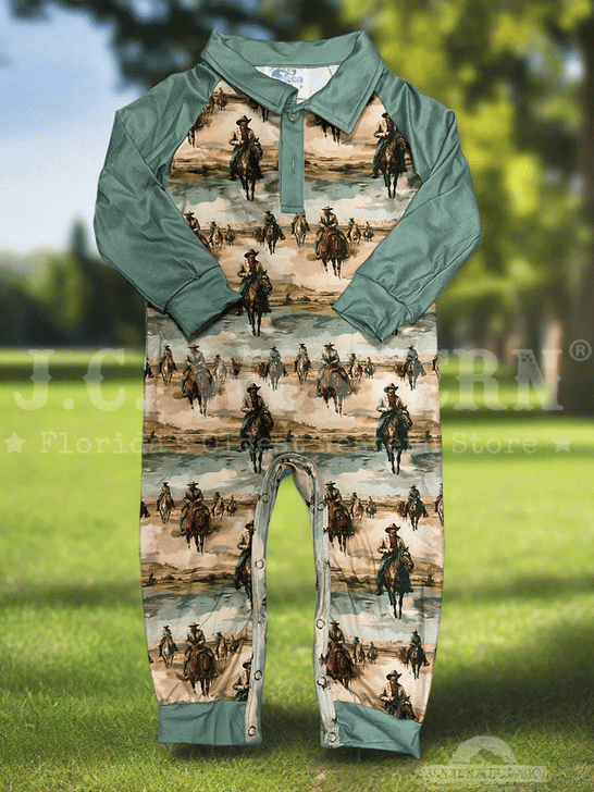 Shea Baby LSROM22 Kids Sunrise Cowboy Long Sleeve Romper Teal front view. If you need any assistance with this item or the purchase of this item please call us at five six one seven four eight eight eight zero one Monday through Saturday 10:00a.m EST to 8:00 p.m EST