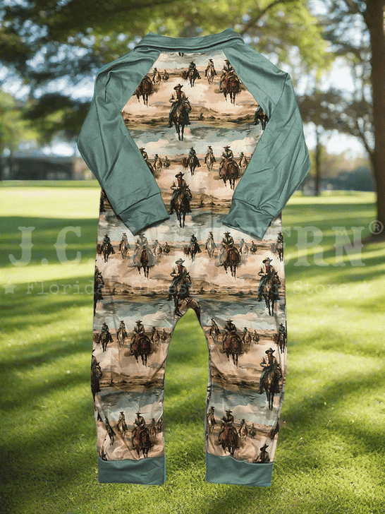 Shea Baby LSROM22 Kids Sunrise Cowboy Long Sleeve Romper Teal back view. If you need any assistance with this item or the purchase of this item please call us at five six one seven four eight eight eight zero one Monday through Saturday 10:00a.m EST to 8:00 p.m EST