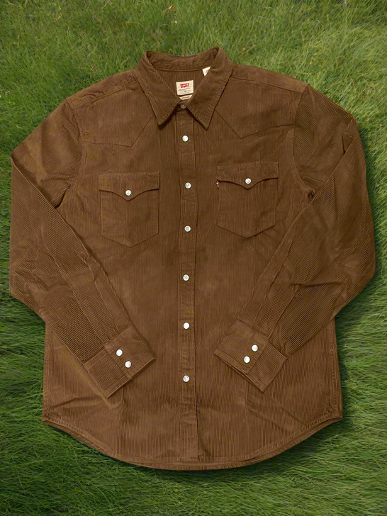 Levis 857450244 Mens Corduroy Western Snap Shirt Bark front view. If you need any assistance with this item or the purchase of this item please call us at five six one seven four eight eight eight zero one Monday through Saturday 10:00a.m EST to 8:00 p.m EST