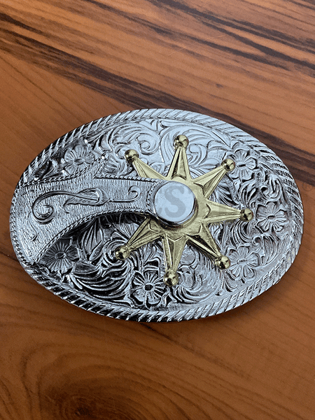 Fashionwest 412S Oval Spinning Spur Belt Buckle Silver front view. 