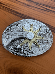 Fashionwest 412S Oval Spinning Spur Belt Buckle Silver front view. 