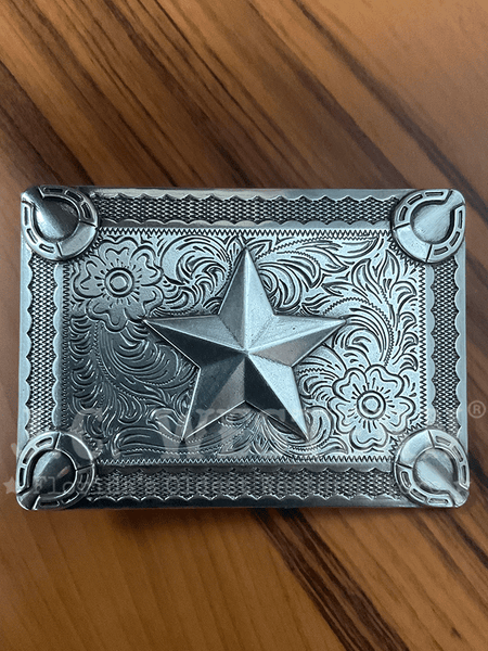 Fashionwest 447 Rentangle With Star Belt Buckle Silver front view. If you need any assistance with this item or the purchase of this item please call us at five six one seven four eight eight eight zero one Monday through Saturday 10:00a.m EST to 8:00 p.m EST