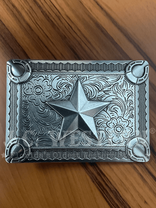 Fashionwest 447 Rentangle With Star Belt Buckle Silver front view. If you need any assistance with this item or the purchase of this item please call us at five six one seven four eight eight eight zero one Monday through Saturday 10:00a.m EST to 8:00 p.m EST