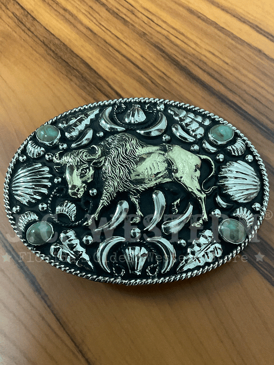 Fashionwest 449 Oval Buffalo Belt Buckle Silver front view. If you need any assistance with this item or the purchase of this item please call us at five six one seven four eight eight eight zero one Monday through Saturday 10:00a.m EST to 8:00 p.m EST