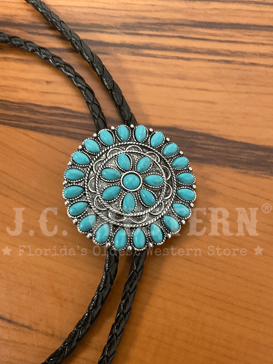 Fashionwest 2001 Round Concho Western Bolo Tie Turquoise close up. If you need any assistance with this item or the purchase of this item please call us at five six one seven four eight eight eight zero one Monday through Saturday 10:00a.m EST to 8:00 p.m EST