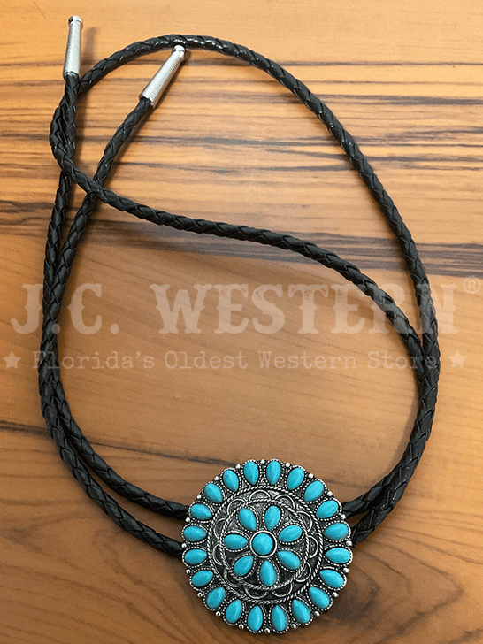 Fashionwest 2001 Round Concho Western Bolo Tie Turquoise front view. If you need any assistance with this item or the purchase of this item please call us at five six one seven four eight eight eight zero one Monday through Saturday 10:00a.m EST to 8:00 p.m EST